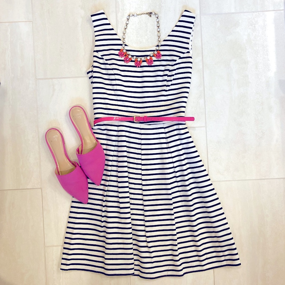 A-Line Black and White Stripe Dress, Pink Belt, 4